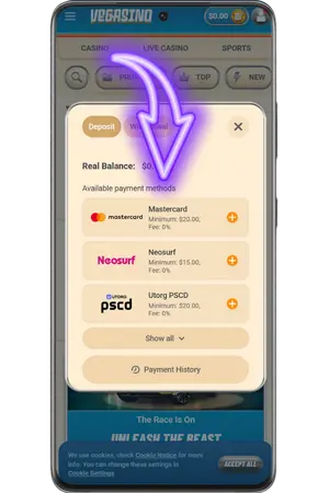 Choose a payment method for depositing at Vegasino casino