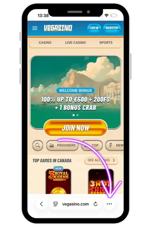 Vegasino mobile site showing three dots menu button in browser
