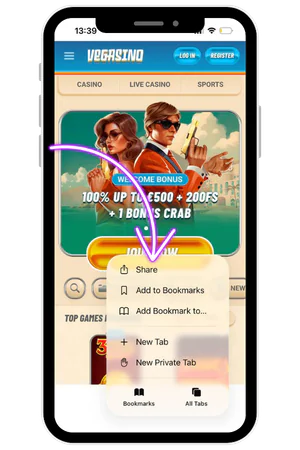 menu displaying share option for Vegasino website