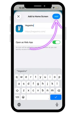 Final confirmation screen for adding Vegasino app to home screen