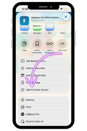 share menu showing add to home screen option for Vegasino app