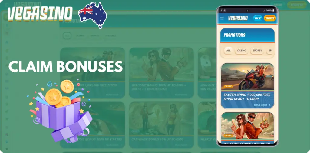 Vegasino mobile app promotions page showing welcome bonus and active offers