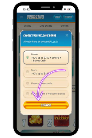 Vegasino app bonus selection screen showing welcome offers and choose button