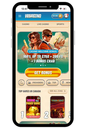 Vegasino app main lobby after successful registration showing game categories