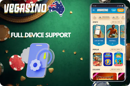 Vegasino app features interface displaying biometric login and quick navigation menu