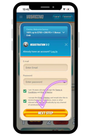 Vegasino registration form showing email and password input fields