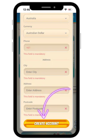 Vegasino personal details form with create account button at bottom