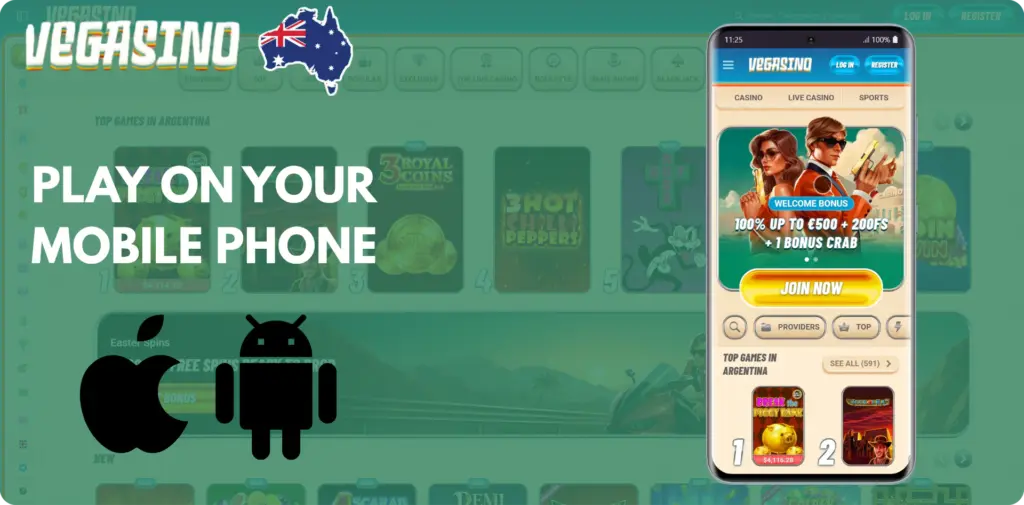 Vegasino Casino mobile app interface showing game lobby and navigation menu