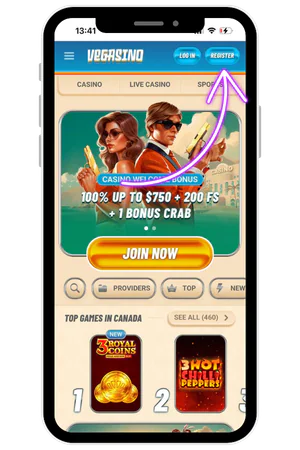 Vegasino mobile homepage with register button highlighted in top right corner
