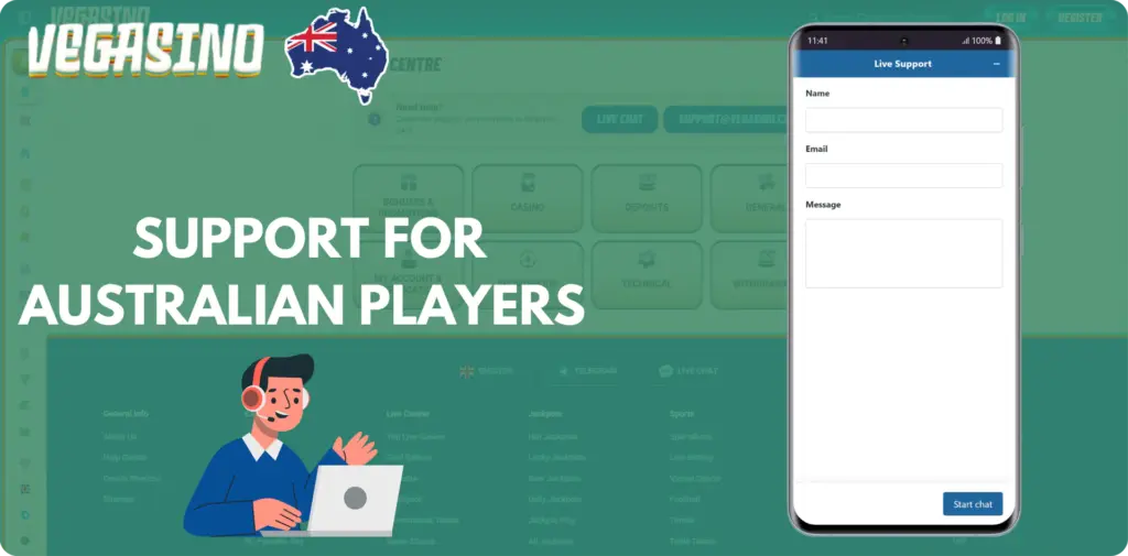 Vegasino customer support interface showing live chat and email contact options